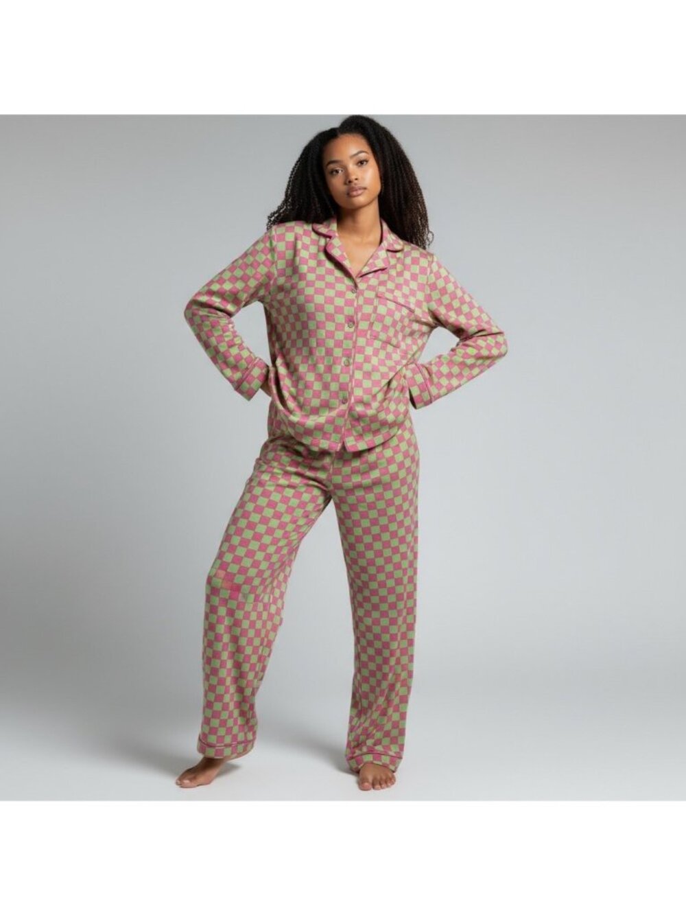 Pink Lily Checkered Pink & Green Bamboo Pajama Set Long Sleeve